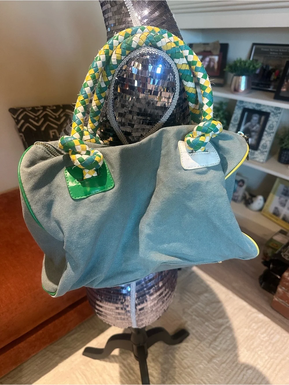 Super Rare Betsey Johnson Sage Green Tote with Yellow Trim and Teal Accents
